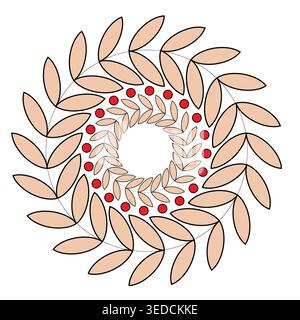 Circular leaf wreath. Floral ornament pattern. Red berry Vector frame. Botanical design element. Stock Vector