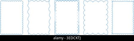 Set of blue wavy and scalloped rectangular frames, vector hand drawn line art borders for greeting cards and certificates Stock Vector
