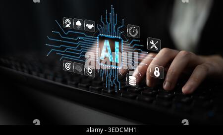 Modern Technology Concept Featuring Artificial Intelligence, Digital Interface, Data Processing, Computer Keyboard, Virtual Graphics, and Human Stock Photo