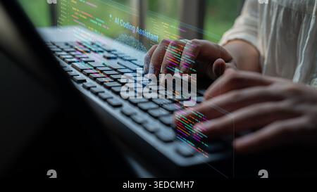 A person engages with a laptop in a serene workspace, showcasing code and digital elements that highlight the intersection of AI technology and Stock Photo