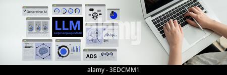 Large Language Model LLM processing data. Represents deep text learning, natural language processing NLP AI tech, transformer architecture, and Stock Photo