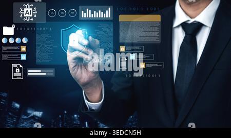 A business professional interacts with a digital interface, displaying data analysis and cybersecurity elements, set against a futuristic business Stock Photo