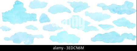 Soft blue watercolor clouds float across white vector illustration set Stock Vector