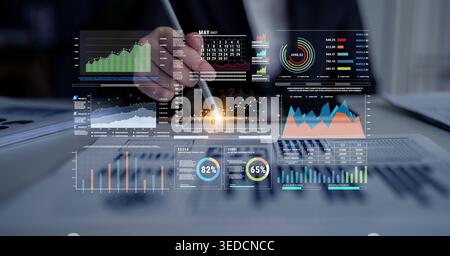 Business Professional Analyzing Data with Virtual Graphs and Charts on Tablet Screen in Modern Office Environment Fluxor. Stock Photo