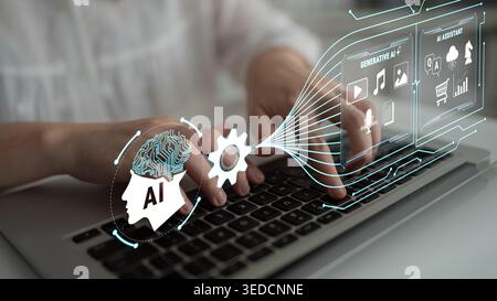 Hands Typing on Laptop Keyboard with AI Symbol and Digital Interface Representing Technology, Innovation, and Creativity in Modern Work Environment Stock Photo