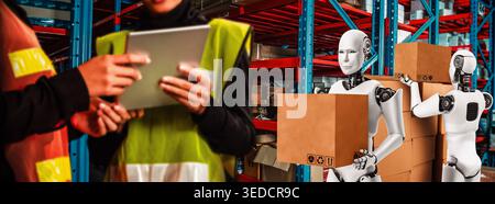 Innovative industry robot working in warehouse together with human worker . Concept of artificial intelligence for industrial revolution and Stock Photo