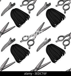 Seamless vector pattern of barber scissors, hair clips, and dark hair strands for salon design Stock Vector