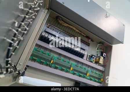 Close-up view of an electric control panel showcasing wiring and circuitry. This image illustrates the complexity of electrical systems in machinery a Stock Photo
