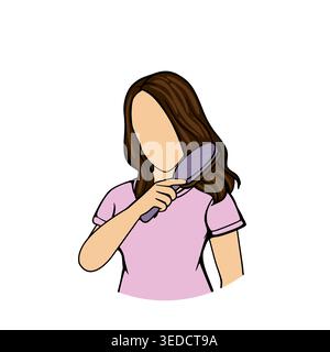 Woman brushing long brown wavy hair with a purple brush, vector illustration Stock Vector