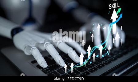 Futuristic Robot Hand Interacting with Laptop Keyboard and Digital Growth Chart Representing Skill Progress and Data Analysis in a Modern Environment Stock Photo