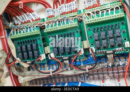 Close-up view of an electrical control panel with circuits and relays, showcasing the complex wiring and components essential for automation and monit Stock Photo