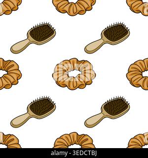 Seamless vector pattern of vintage hair scrunchies and wooden hairbrushes, retro style illustration Stock Vector