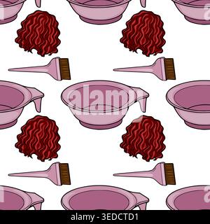 Seamless vector pattern of hair dye bowls and brushes with red wavy hair, perfect for beauty salons and salons Stock Vector