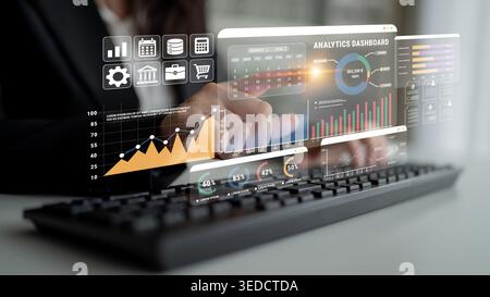 Modern Office Workspace Featuring Advanced Analytics Dashboard with Data Visualization and Business Metrics Displayed on a Transparent Screen Haptic. Stock Photo