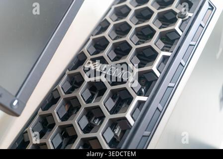 Close-up view of modern server technology showcasing intricate design of hardware. Ideal for concepts related to computing, data management, and innov Stock Photo
