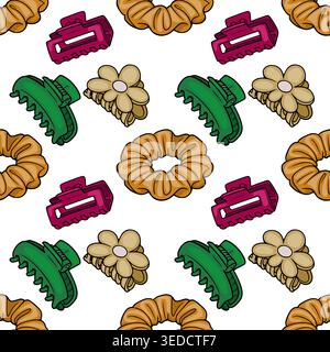 Seamless vector pattern of colorful scrunchies and claw hair clips, flat design illustration Stock Vector