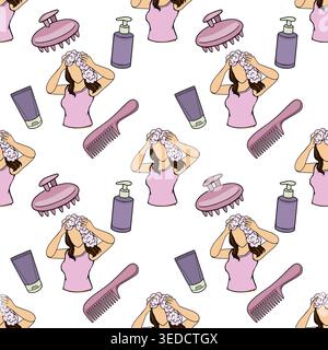 Seamless vector pattern of woman washing hair with shampoo, comb, and scalp massager Stock Vector