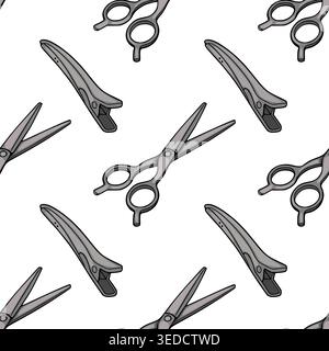 Seamless vector pattern of grey barber scissors and hair clips on a white background Stock Vector