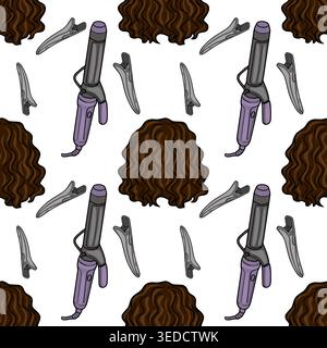 Seamless vector pattern of curly brown hair, curling irons, and hair clips Stock Vector