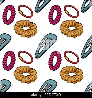 Seamless vector pattern of colorful hair scrunchies and barrettes, cute hair accessories illustration Stock Vector