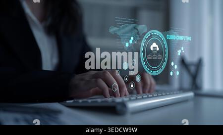 Global cloud computing platform providing services for software development. A worldwide network for data storage, security, and application hosting Stock Photo