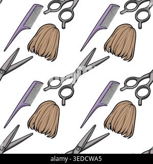 Seamless vector pattern of hairdressing scissors and combs with hair strands Stock Vector