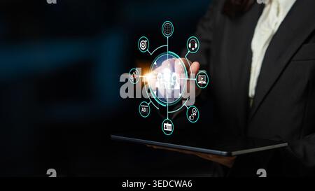 Business Professional Interacting with Futuristic Digital Interface on Tablet Device in Modern Office Setting Fluxor. Stock Photo