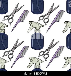 Seamless vector pattern of hairdressing tools, scissors, combs, and spray bottles on a white background. Stock Vector