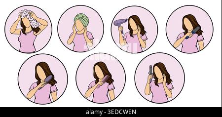 Set of vector illustrations showing a woman's hair care routine: washing, towel drying, blow drying, brushing, combing, and curling hair. Stock Vector