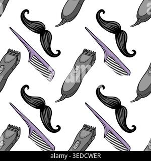 Seamless vector pattern of barber tools: mustache, comb, and electric clipper Stock Vector