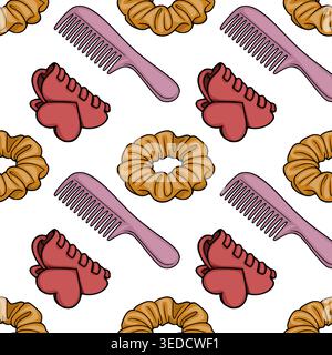 Seamless vector pattern of pink combs and scrunchies, hair accessories illustration Stock Vector