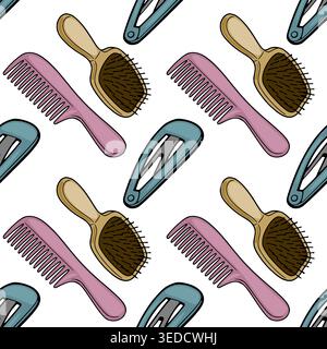 Seamless vector pattern illustration of hair styling tools, including combs, brushes, and clips Stock Vector