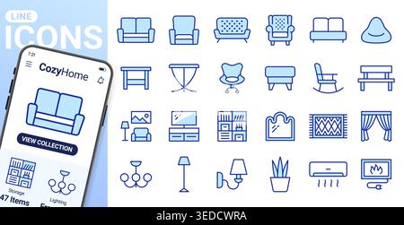 Living room furniture line icons set. Sofa, leather armchair, fireplace, bookshelf, curtains, TV stand, rug flat minimal vector illustration. Simple Stock Vector