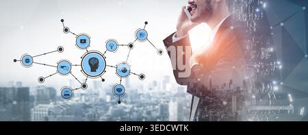 A businessman engaged in a phone conversation stands against a modern city backdrop, complemented by digital network graphics symbolizing innovation Stock Photo