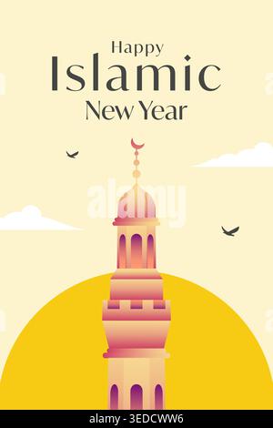 islamic new year poster illustration with mosque tower Stock Vector