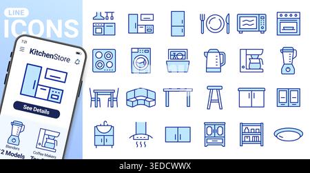 Kitchen furniture, appliances line icons set. Stove, refrigerator, microwave, coffee maker, dining table flat minimal vector illustrations. Simple Stock Vector
