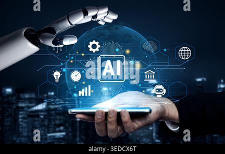 Futuristic Technology Concept Showing AI Interactions Between Human Hand and Robot Hand Over Smartphone with Digital Icons and Global Connections Stock Photo