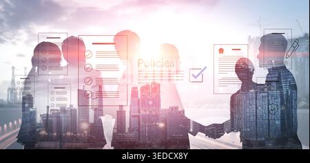 Business professionals collaborating in a cityscape, discussing policies and strategies with digital overlay of charts and documents Cyphers Stock Photo