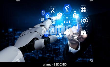 Artificial intelligence enhances ERP systems, optimizing processes, integrating business data, and supporting smart decision-making across Stock Photo