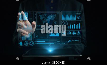 A modern conceptual image illustrating business data analytics through a futuristic touchscreen interface, displaying various graphs and statistics in Stock Photo