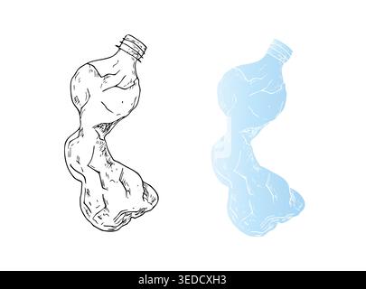 Vector crushed plastic bottle. Graphic hand drawn heavily wrinkled illustration isolated on background. Zero waste, sustainable living concept. For Stock Vector