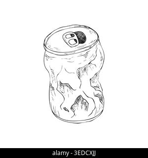 Vector crushed plastic bottle. Graphic hand drawn heavily wrinkled illustration isolated on background. Zero waste, sustainable living concept. For Stock Vector
