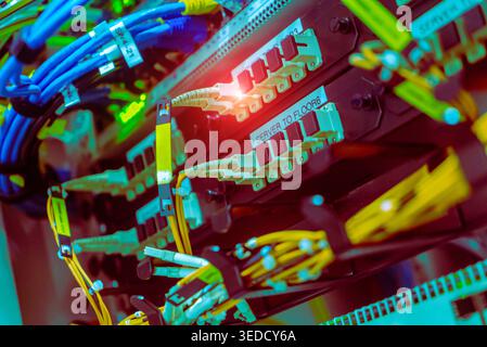 Close-up view of colorful network cables and connectors in a server room, showcasing the complexity of modern data infrastructure and telecommunicatio Stock Photo