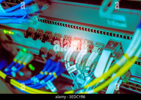 Close-up of colorful network cables linking to a data center switch, showcasing the world of technology and data connectivity in a vibrant and organiz Stock Photo
