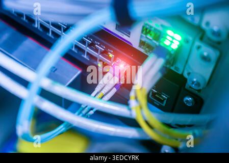 Detailed close-up view of a network switch displaying colorful cables and glowing indicator lights, showcasing modern technology and connectivity in a Stock Photo