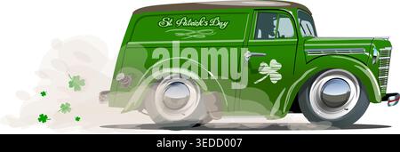 Vector retro cartoon van with Beer festival lettering for Happy Saint Patrick Day. Irish celebration design. EPS-10 separated by groups and layers. Stock Vector
