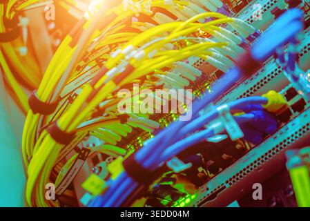 Close-up view of colorful network cables organized in a server room, illuminated by vibrant lights, showcasing modern technology and infrastructure fo Stock Photo