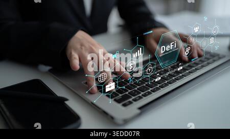 Digital finance concept with DeFi technology, stock market analysis and data visualization, innovative business solutions in modern economy Haptic. Stock Photo