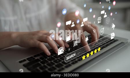 Hands Typing on Laptop with Floating Social Media Icons and Search Bar in Modern Digital Environment Quark. Stock Photo
