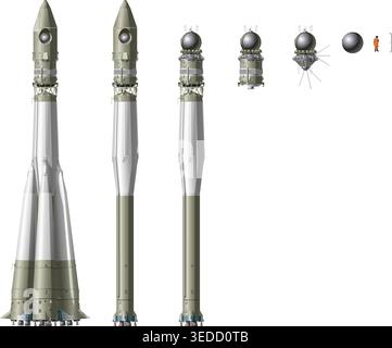 Vector hi-detailed space rocket with first spaceship. Available EPS-10 vector format separated by groups and layers for easy edit Stock Vector